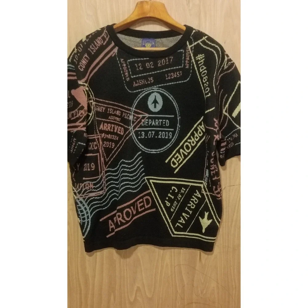 Coney Island Picnic Mens XL Passport Stamp Knit Short Sleeve Sweater Black